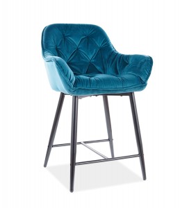 Scaun de bar tapitat cu stofa si picioare metalice Clyde H-2 Velvet Turcoaz / Negru, l56xA42xH86 cm