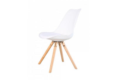 Scaun din plastic cu picioare din lemn si sezut tapitat cu piele ecologica Ice White, l46xA43xH81,5 cm