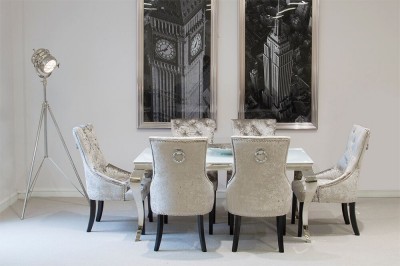 Set masa din metal si sticla Louis White + 6 scaune tapitate cu stofa, cu picioare de lemn Eden Grey, L160xl90xH75 cm