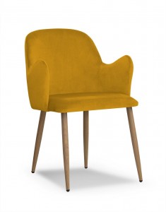 Scaun tapitat cu stofa si picioare metalice Camel Velvet Mustariu / Stejar, l58xA63xH84 cm