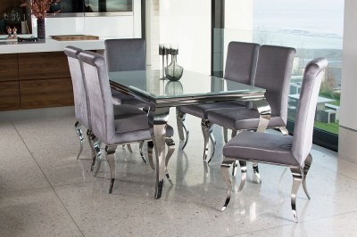 Set masa din metal si sticla Louis White + 6 scaune tapitate cu stofa, cu picioare metalice Louis Silver, L160xl90xH75 cm