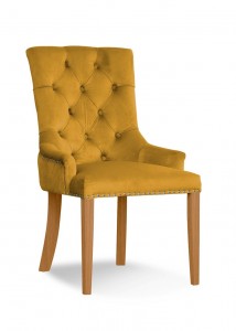 Scaun tapitat cu stofa si picioare din lemn, August Velvet Mustariu / Stejar, l55xA59xH88 cm