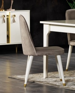 Scaun tapitat cu stofa si picioare din lemn Ibiza Velvet Bej / Alb / Auriu, l44xA48xH89 cm