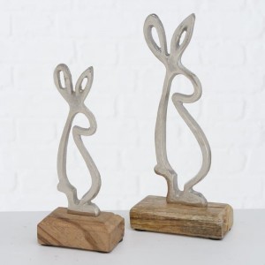 Set 2 decoratiuni din metal si lemn Minka Rabbit Argintiu / Natural, L10xl5xH22 cm / L8xl5xH17 cm