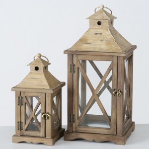 Set 2 felinare decorative din lemn, Enrico Natural, L22xl22xH48 cm / L15xl15xH32 cm