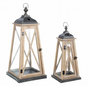 Set 2 felinare decorative din lemn, sticla si metal, Heart Pyramid Natural / Negru, L30xl30xH68 cm / L20xl20xH48 cm