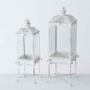 Set 2 felinare decorative din metal, Arabella Alb Antichizat, L34xl34xH93 cm / L28xl28xH78 cm