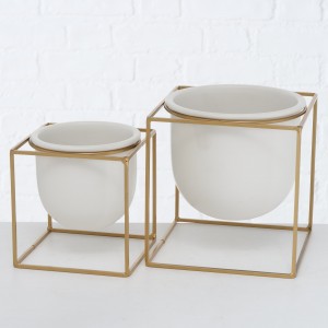 Set 2 ghivece din ceramica cu suport metalic Kumbo Alb / Auriu, L20xl20xH21 cm / L16xl16xH17 cm