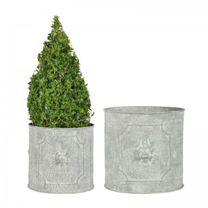 Set 2 ghivece pentru exterior, din metal, Flower Round Gri Antichizat, Modele Asortate, L22,4xl21,2xH19,9 cm / L26,6xl25,1xH24 cm