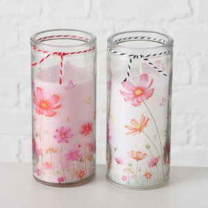 Set 2 Lumanari Decorative Cosmea, Multicolor, din Ceara in Pahar de Sticla, Rotunde Ø6xH14 cm