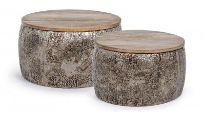Set 2 mese de cafea din lemn de mango si metal Kalindi Natural / Argintiu, Ø60xH30 cm / Ø51xH28 cm