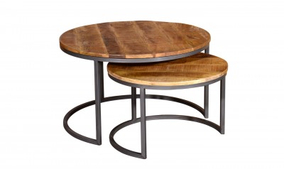 Set 2 mese de cafea din lemn de mango si metal Savannah Natural, Ø80xH48 / Ø60xH39 cm