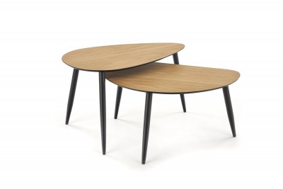 Set 2 mese de cafea din MDF, furnir si metal Genet Stejar / Negru, L80xl45xH48 / L80xl50xH42 cm