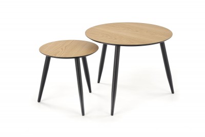 Set 2 mese de cafea din MDF, furnir si metal Mentor Stejar / Negru, Ø60xH48 / Ø40xH40 cm