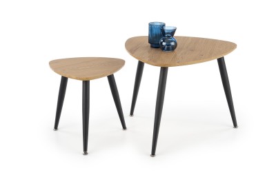 Set 2 mese de cafea din MDF si metal, Nichola II Stejar Auriu / Negru, Ø60xH49 / Ø40xH41 cm
