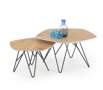 Set 2 mese de cafea din MDF si metal, Zared Stejar Auriu / Negru, L75xl75xH41 / L56xl56xH36 cm