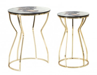 Set 2 mese de cafea din metal si MDF, Abstract Top A Multicolor / Auriu, Ø37xH51 / Ø28xH46 cm