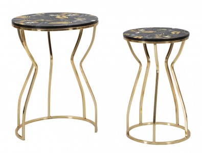 Set 2 mese de cafea din metal si MDF, Leaf Top Multicolor / Auriu, Ø37xH51 / Ø28xH46 cm