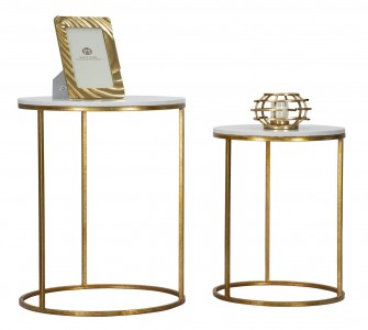 Set 2 mese de cafea din metal si rasina Simply Marble Alb / Auriu, Ø52xH63 / Ø42xH53 cm