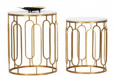 Set 2 mese de cafea din metal si rasina Tory Marble Alb / Auriu, Ø46xH55 / Ø39xH48 cm