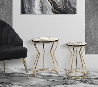 Set 2 mese de cafea din metal si MDF, Abstract Top B Multicolor / Auriu, Ø37xH51 / Ø28xH46 cm