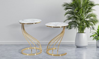 Set 2 mese de cafea din metal si sticla, Cobra Multicolor / Auriu, Ø40xH57 cm / Ø40xH51 cm