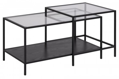 Set 2 mese de cafea din sticla, pal si metal, Seaford Transparent / Antracit / Negru, L90xl50xH45 cm / L55xl55xH50 cm