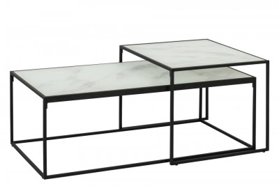 Set 2 mese de cafea din sticla si metal, Bolton Alb / Negru, L100xl40xH35 cm / L50xl55xH43 cm