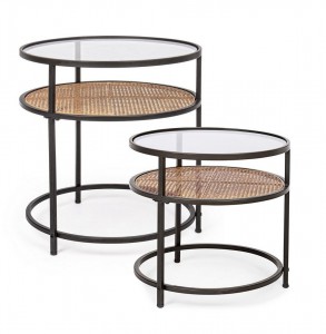 Set 2 mese de cafea din sticla si metal Elton Round Transparent / Natural / Negru, Ø58,5xH61 cm / Ø51xH49 cm