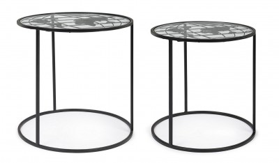 Set 2 mese de cafea din sticla si metal World Round Transparent / Negru, Ø45xH45 / Ø40xH41 cm