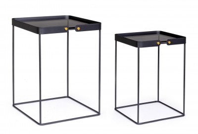 Set 2 mese de cafea din sticla si metal Zeina Square Fumuriu / Negru, L41,5xl41,5xH56 cm / L36,5xl36,5xH51 cm