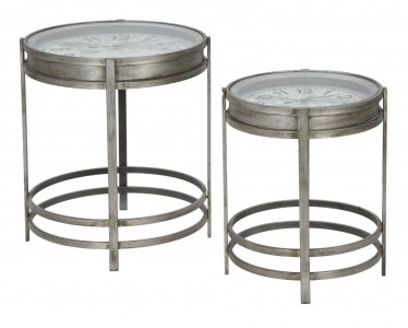 Set 2 mese de cafea cu ceas, din metal si sticla Mondo Gri, Ø52xH60,7 cm / Ø42,4xH54,2 cm 