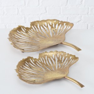 Set 2 platouri decorative metalice Ginkgo Auriu, L42xl42xH9 cm / L33xl33xH7 cm