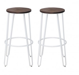 Set 2 scaune de bar din metal, cu sezut din lemn de ulm Detroit Alb / Maro, Ø39xH76 cm