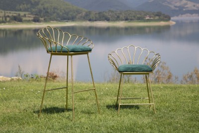 Set 2 scaune din metal, tapitate cu stofa Flower Verde / Auriu, l57xA52xH94 / l56xA48xH72,5 cm