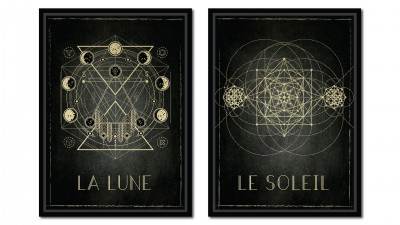 Set 2 tablouri pe metal striat auriu Night and Day