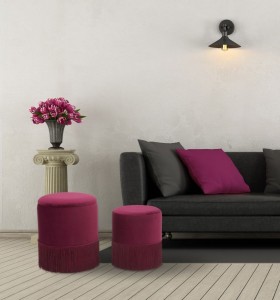 Set 2 taburete tapitate cu stofa Lines Velvet Bordeaux, Ø35xH42 / Ø30xH32 cm