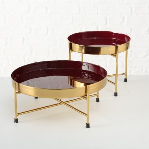 Set 2 tavi decorative metalice cu suport Asani Auriu / Bordeaux, Ø30xH14 / Ø22xH20 cm