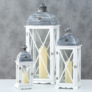 Set 3 felinare decorative din lemn Bristol Alb / Gri, L31xl31xH86 cm / L22xl22xH61 cm / L16xl16xH42 cm