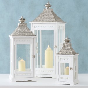 Set 3 felinare decorative din lemn Kubino Alb, L32xl32xH81 cm / L25xl25xH65 cm / L18xl18xH45 cm