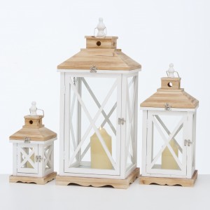 Set 3 felinare decorative din lemn Napua Alb, L29xl29xH69 cm / L22xl22xH50 cm / L15xl15xH33 cm