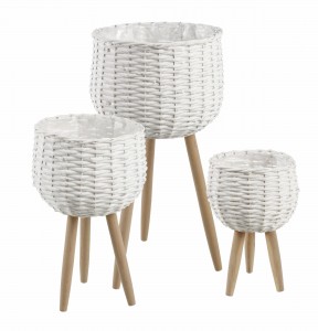 Set 3 ghivece din lemn, Tripod Alb / Natural, Ø30xH58 / Ø26xH45 / Ø20xH33 cm