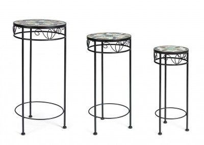 Set 3 masute suport flori din ceramica si metal, Positano Round Multicolor / Negru, Ø20xH51 cm / Ø25xH57 cm / Ø30xH68 cm
