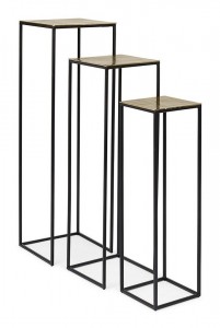Set 3 masute suport flori din metal Amira Auriu / Negru, L35xl35xH115 cm / L30xl30xH100 cm / L25xl25xH85 cm