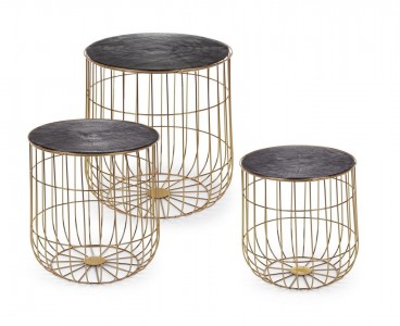 Set 3 mese de cafea, cu spatiu de depozitare, din metal Mariam Grafit / Auriu, Ø46xH50 cm / Ø43xH46 cm / Ø38xH40 cm