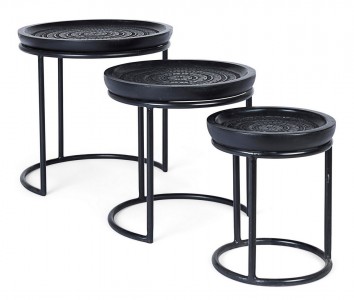 Set 3 mese de cafea din lemn de mango si metal Kirtan Round Negru, Ø45xH46 cm / Ø38xH41 cm / Ø28xH36 cm