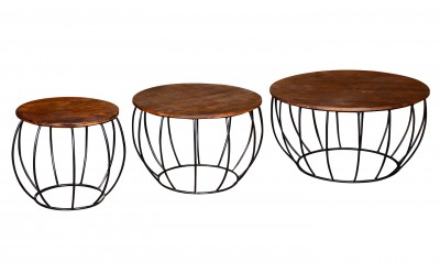 Set 3 mese de cafea din lemn de salcam si metal Durango Natural, Ø90xH48 / Ø70xH48 / Ø50xH48 cm