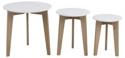 Set 3 mese de cafea din MDF Abin Alb / Stejar, Ø50xH50 cm / Ø35xH45 cm / Ø30xH40 cm