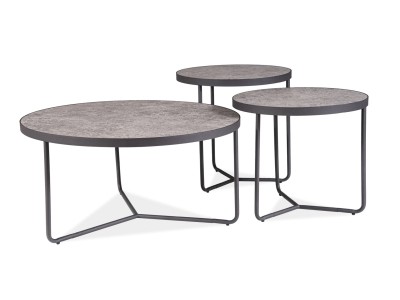 Set 3 mese de cafea din MDF, furnir si metal Demarion Gri / Negru, Ø80xH40 cm / Ø50xH50 cm / Ø50xH45 cm
