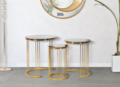 Set 3 mese de cafea din metal si sticla, Mirror Auriu, Ø47xH55,5 / Ø37,5xH50,5 / Ø28,5xH45,5 cm